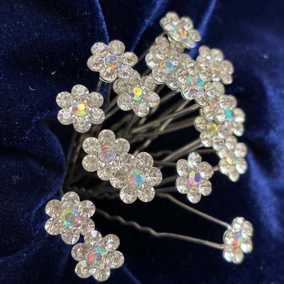 Rhinestone Florets Silver Color Metal Hairpins set of 18 - Picture 5 of 8